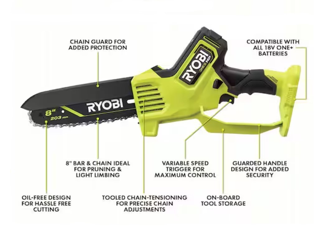 New Ryobi PSBCW01B ONE+ HP 18V Brushless 8" Compact Pruning Mini Chainsaw