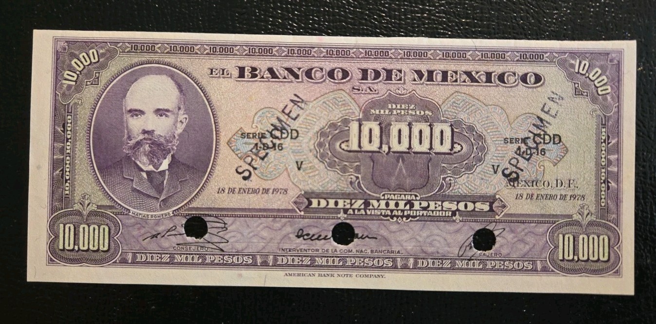PK#725 10,000 Pesos 1978 Mexico Unc, Specimen, Series CDD Red Seals Banknote