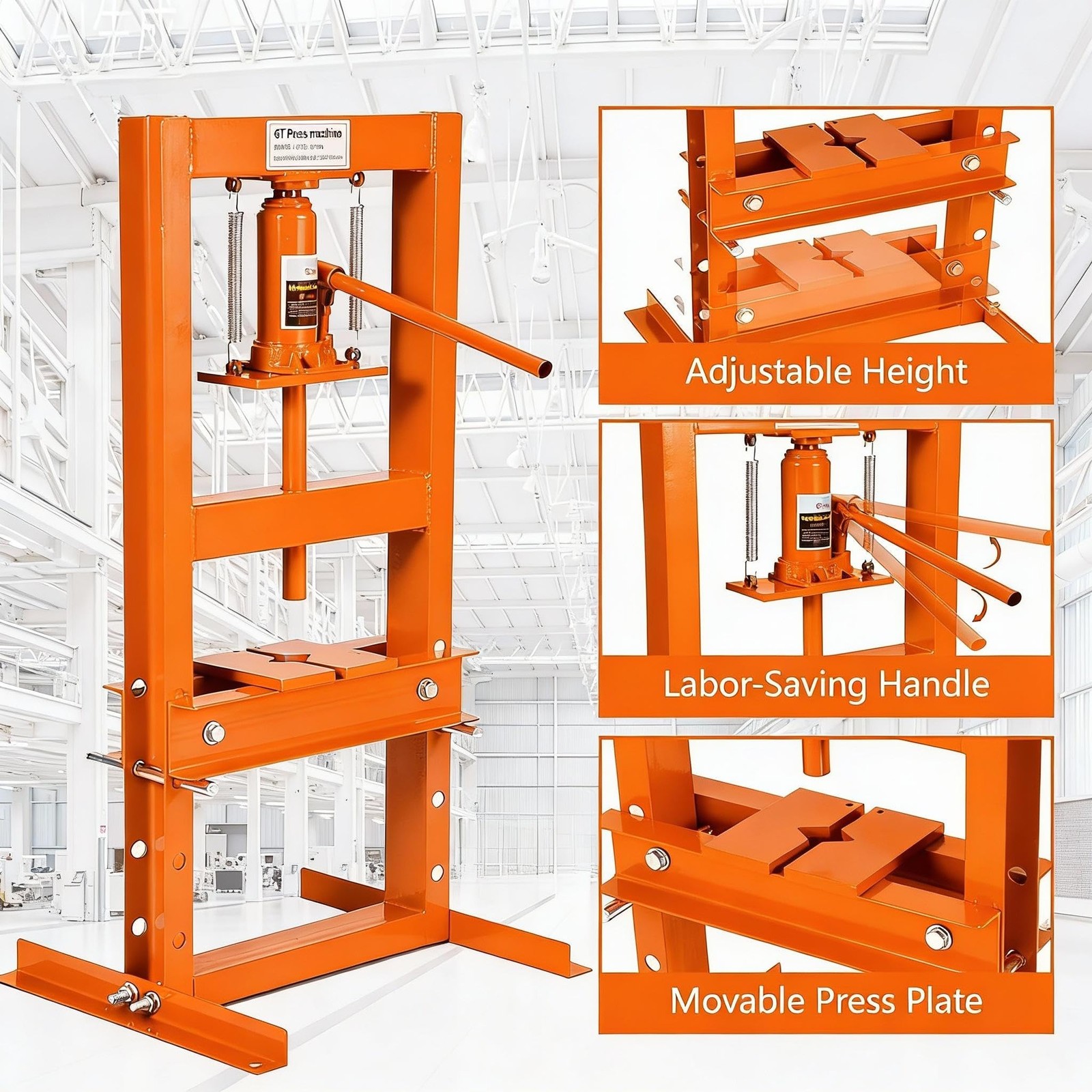 6/12/20 Ton Hydraulic Shop Press,H-Frame Press,Adjustable Height,Movable Plates