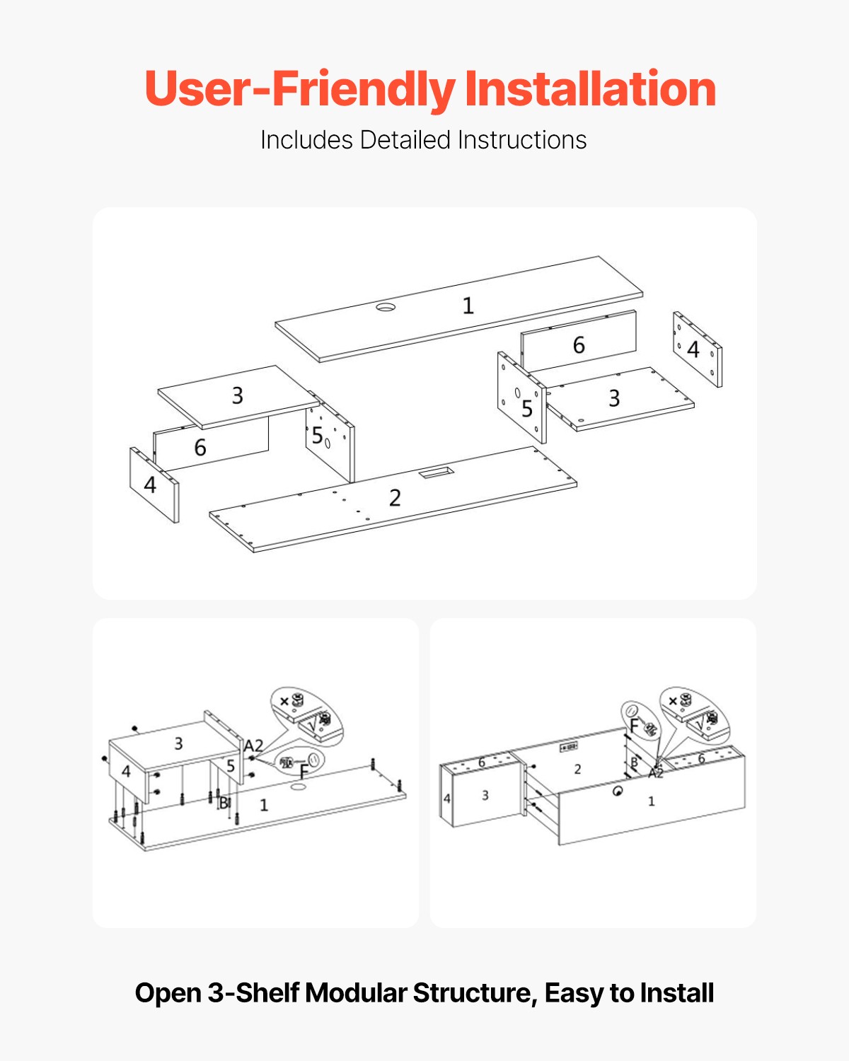 Floating TV Stand 59" Entertainment Center Power Outlet & Cable Hole Black