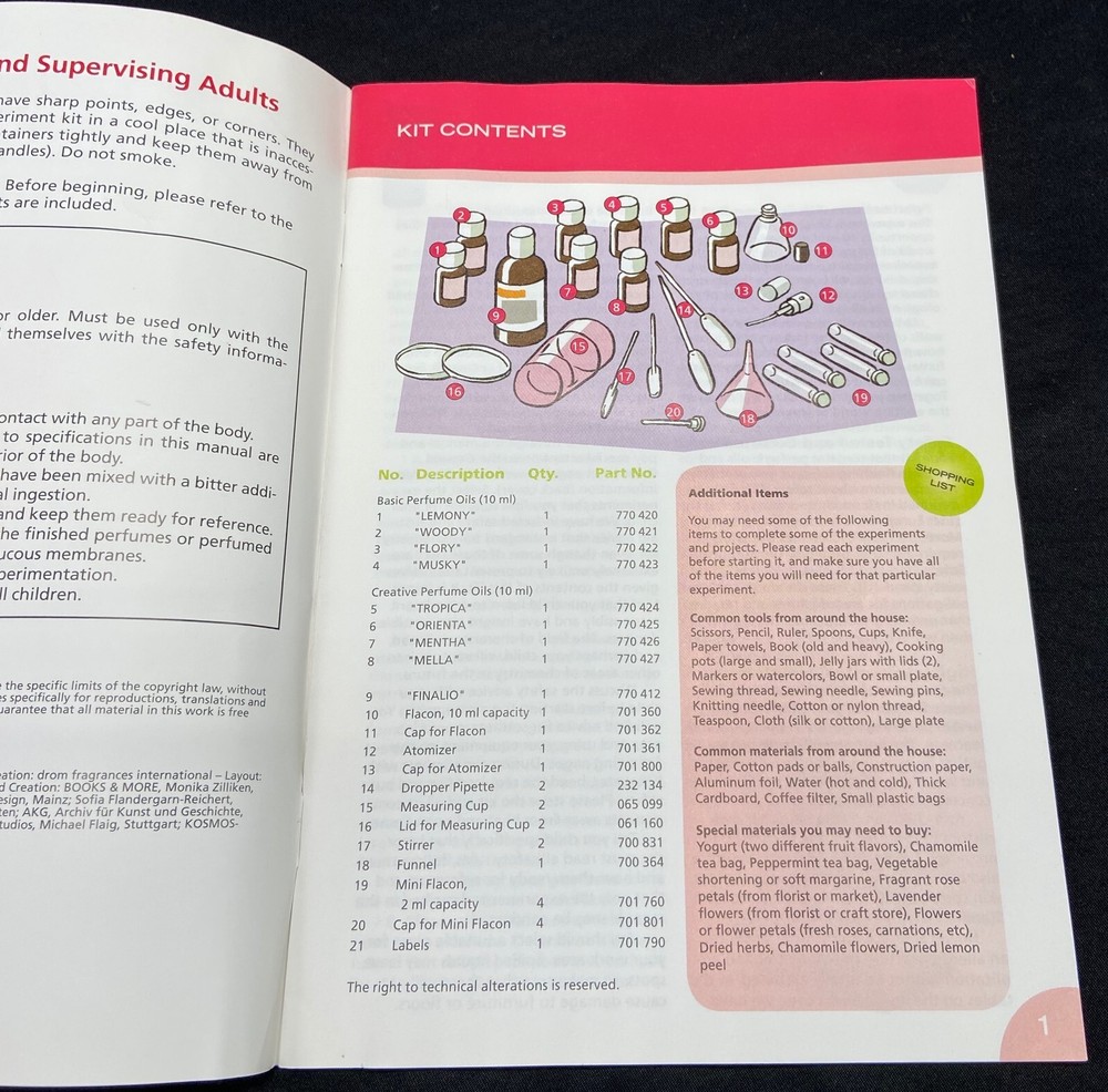 PERFUME SCIENCE EXPERIMENTATION KIT (Thames & Kosmos, 2008), 9 bottles, Finalio