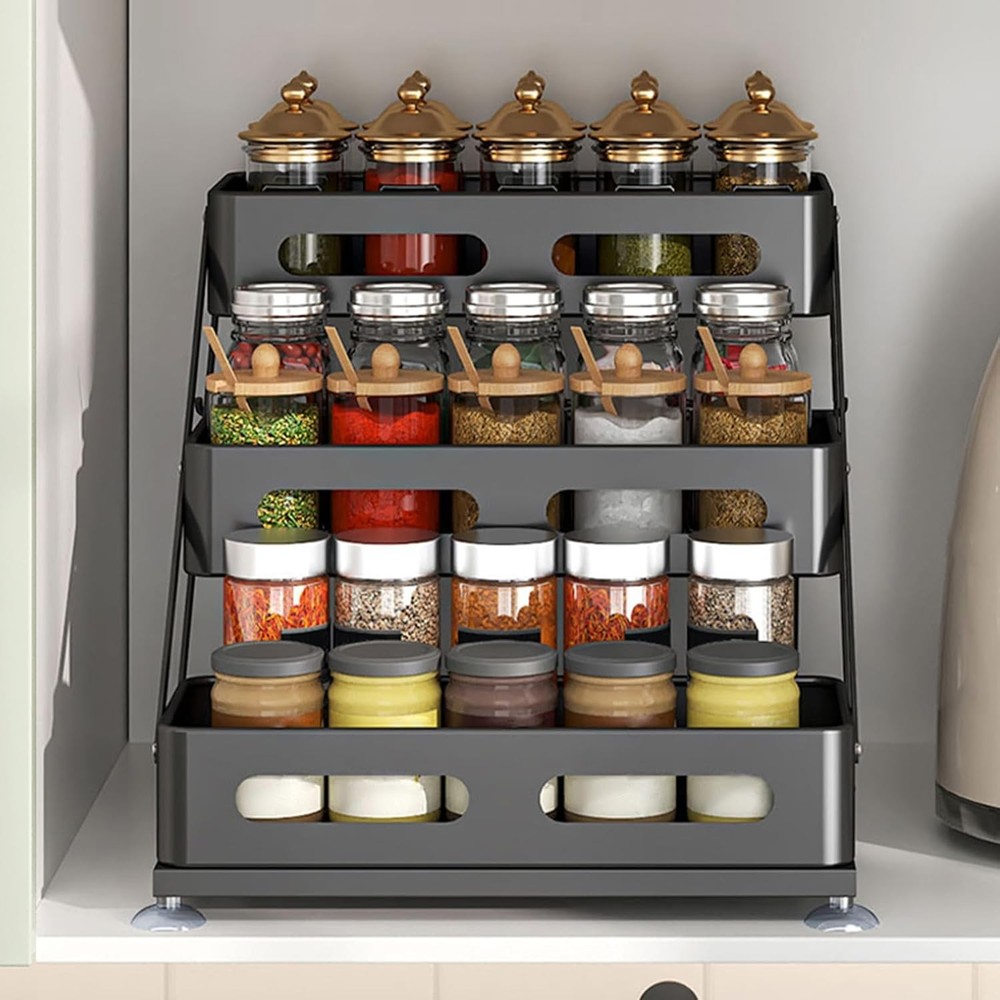 Three-Tier Foldable Spice Rack For cabinet use, black