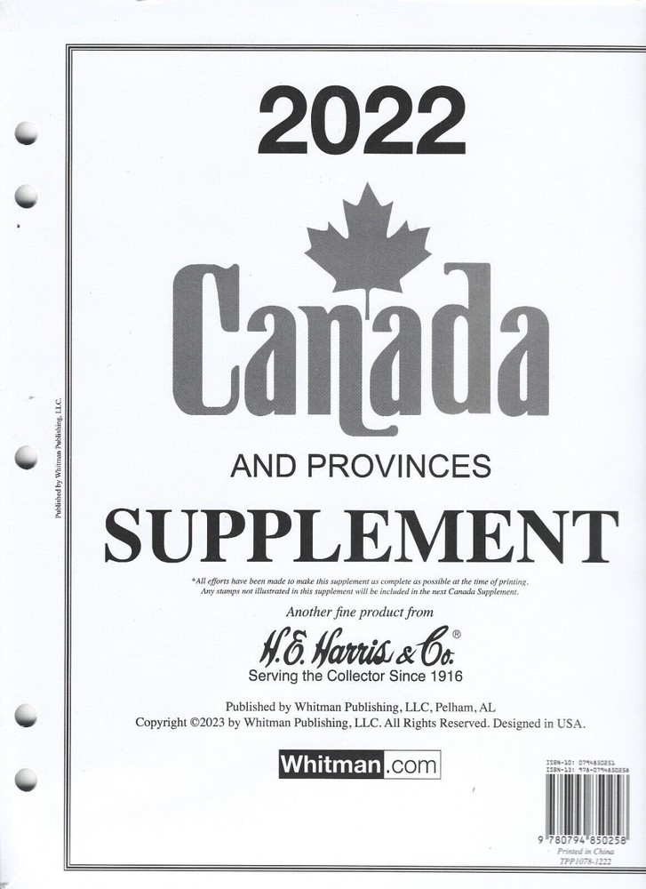 2022 Canada & Provinces Stamp Album Supplement Pages Harris Fit 2/3 Ring Binder