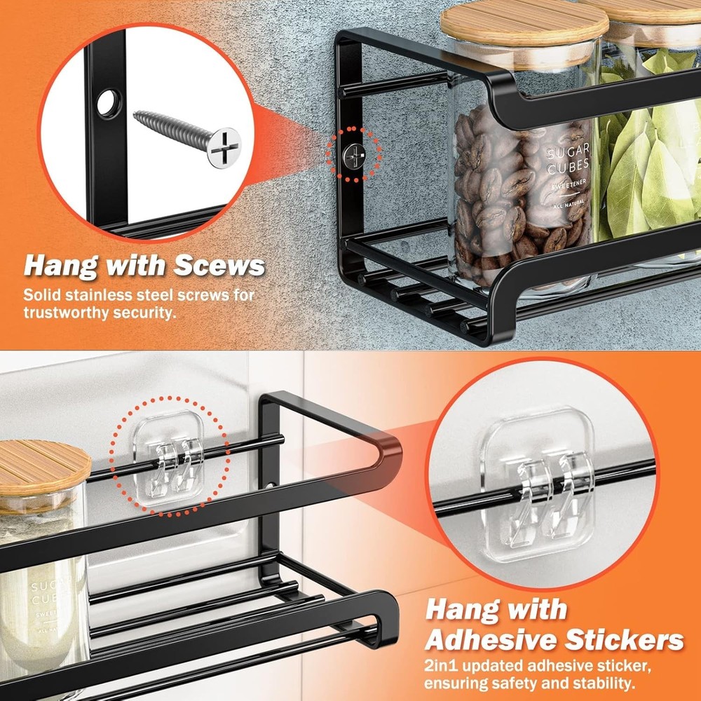 Elegant Wall-Mounted Spice Rack 4 Pack - Space-Saving Organizer for Jars
