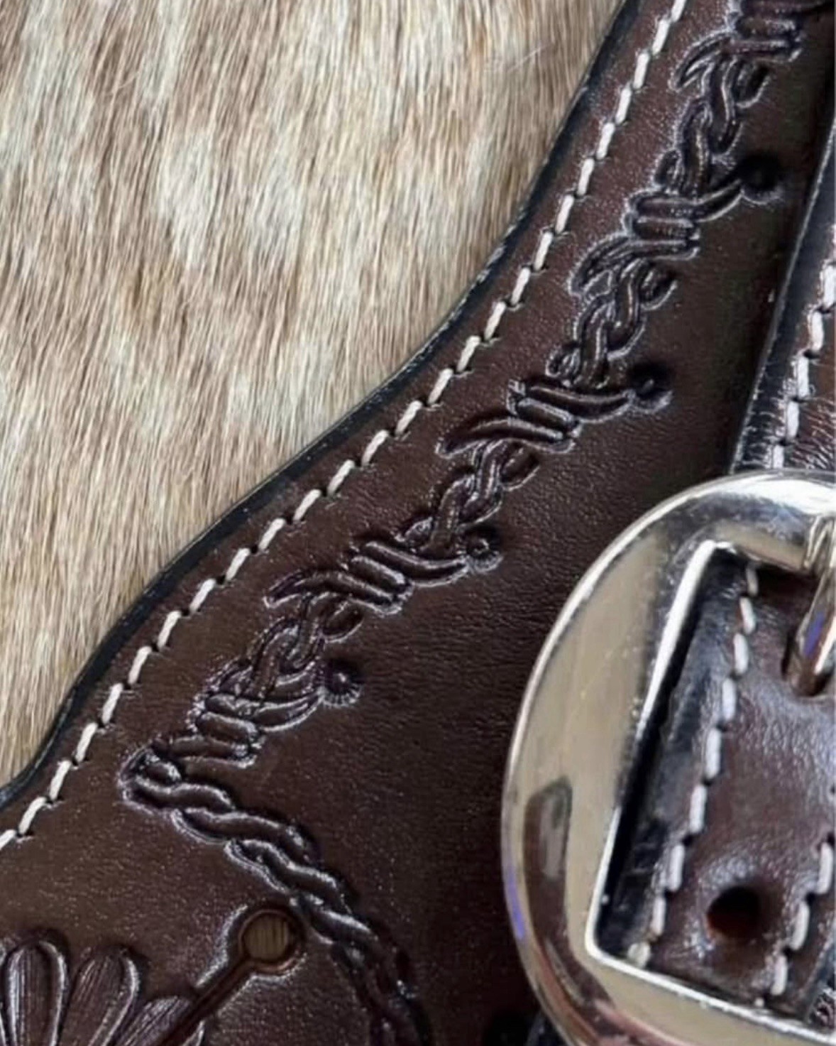 Adult Size Barbed Wire Tooled Top Grain Leather Western PAIR Spur Straps