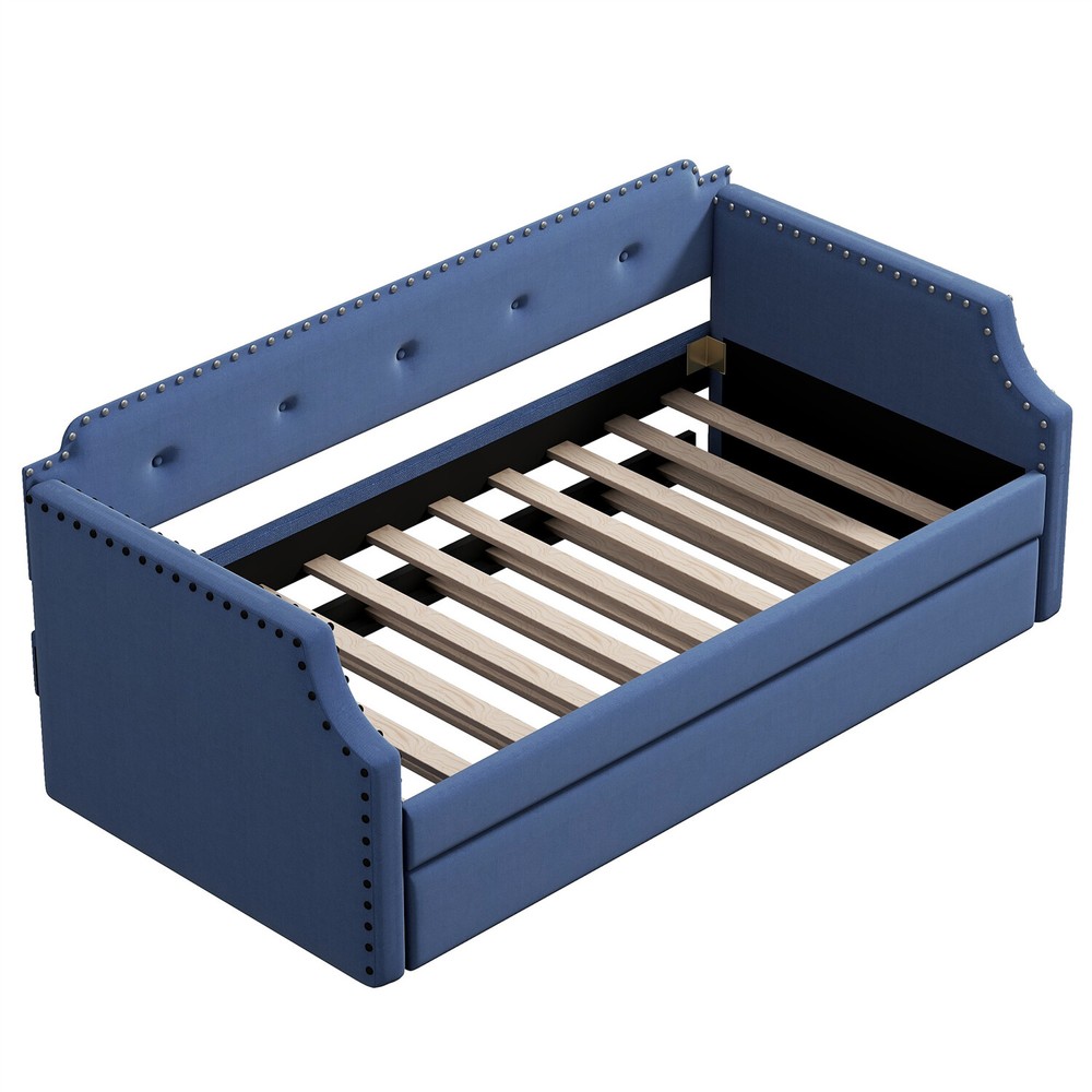 Twin Size Daybed with Pull-Out Trundle Bed Upholstered Bed Frame Sofa Bed Blue