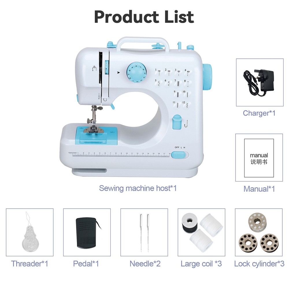 Mini Electric Sewing Machine 12Stitches Double Thread Portable US Plug Blue 110V