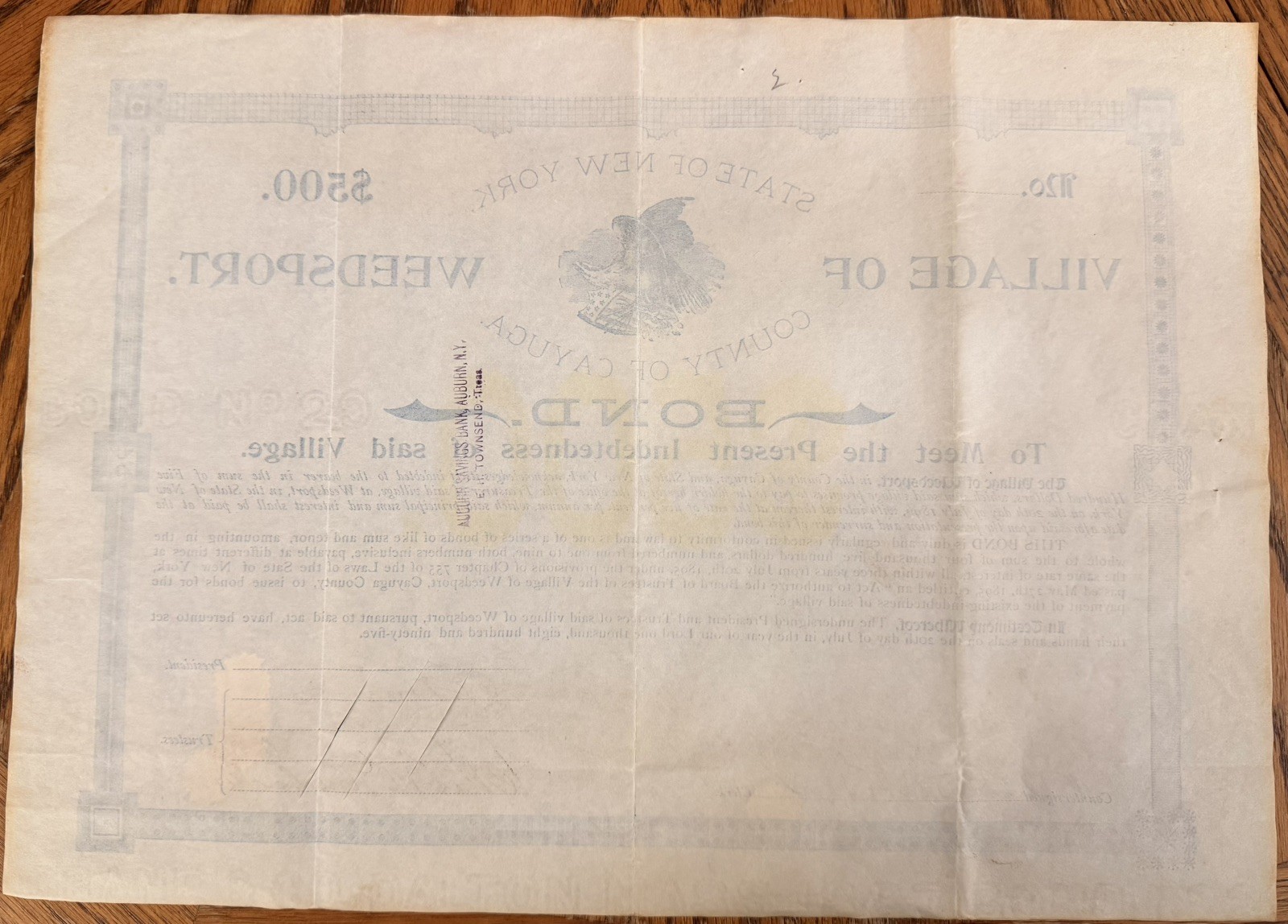$500 Bond issued in 1896 by The Village of Weedsport, NY - Bond #2 of 9 issued.