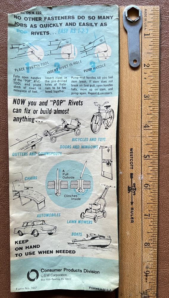 USM Pop Brand Rivet Rivetool K 110 Replacement - Mini Wrench & Instructions ONLY