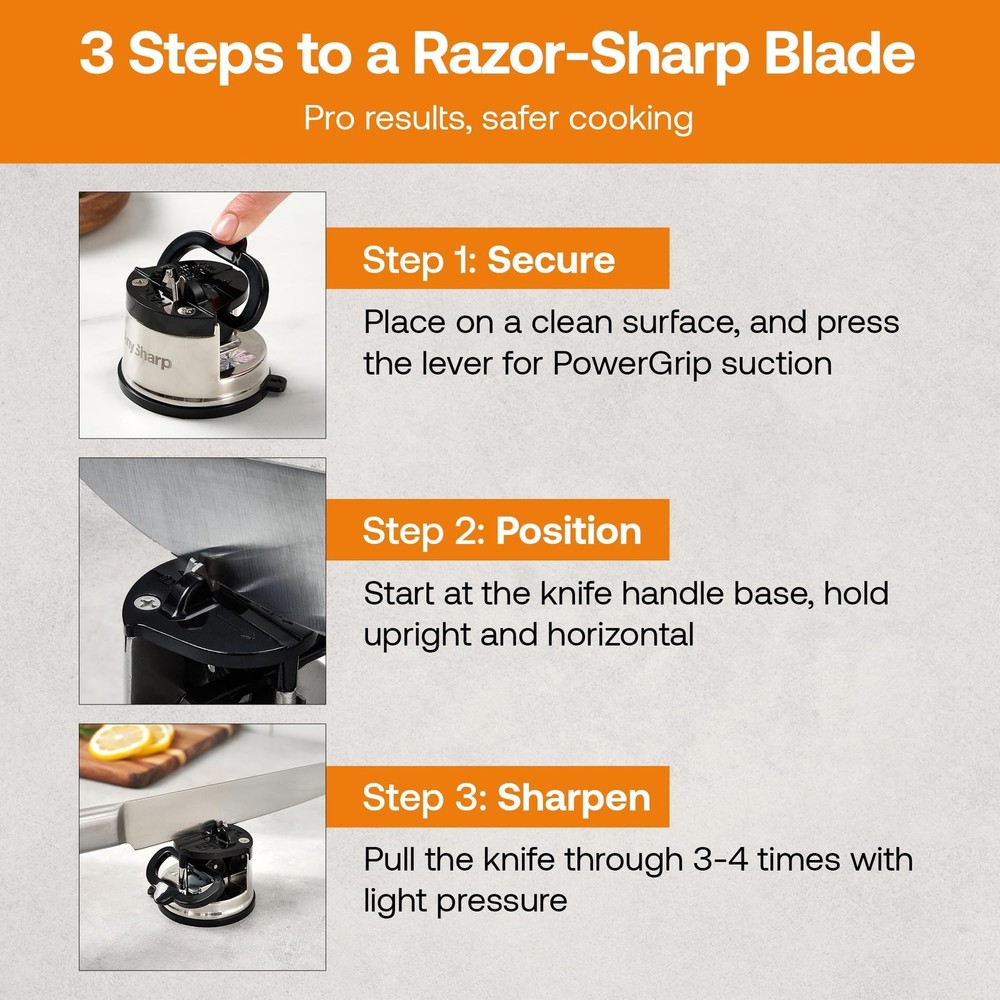 Silver Knife Sharpener with PowerGrip Suction for Effortless Kitchen Use