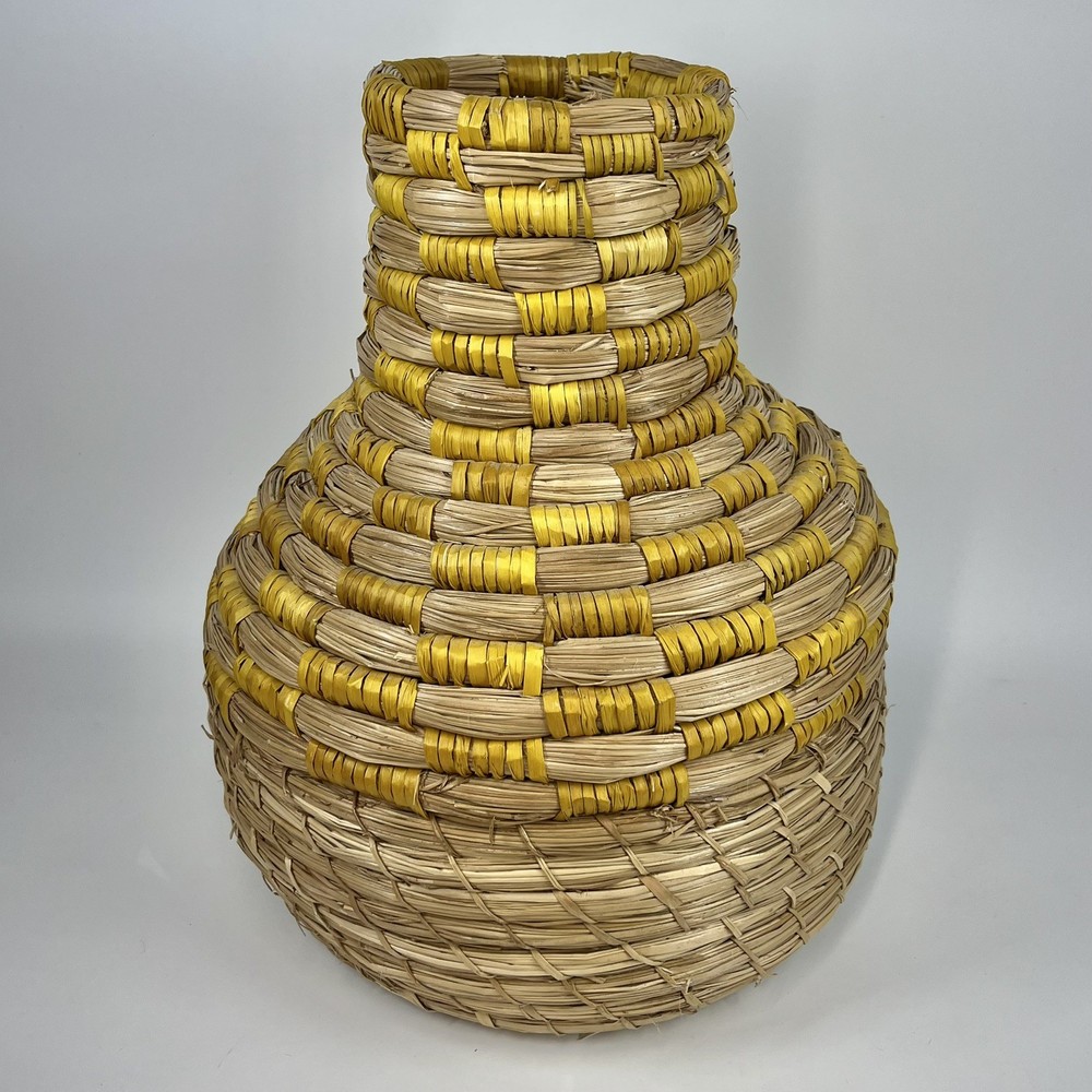 Wicker Coiled Bottleneck Vase 14.5” Floor Tabletop Boho Decor Yellow Stripe