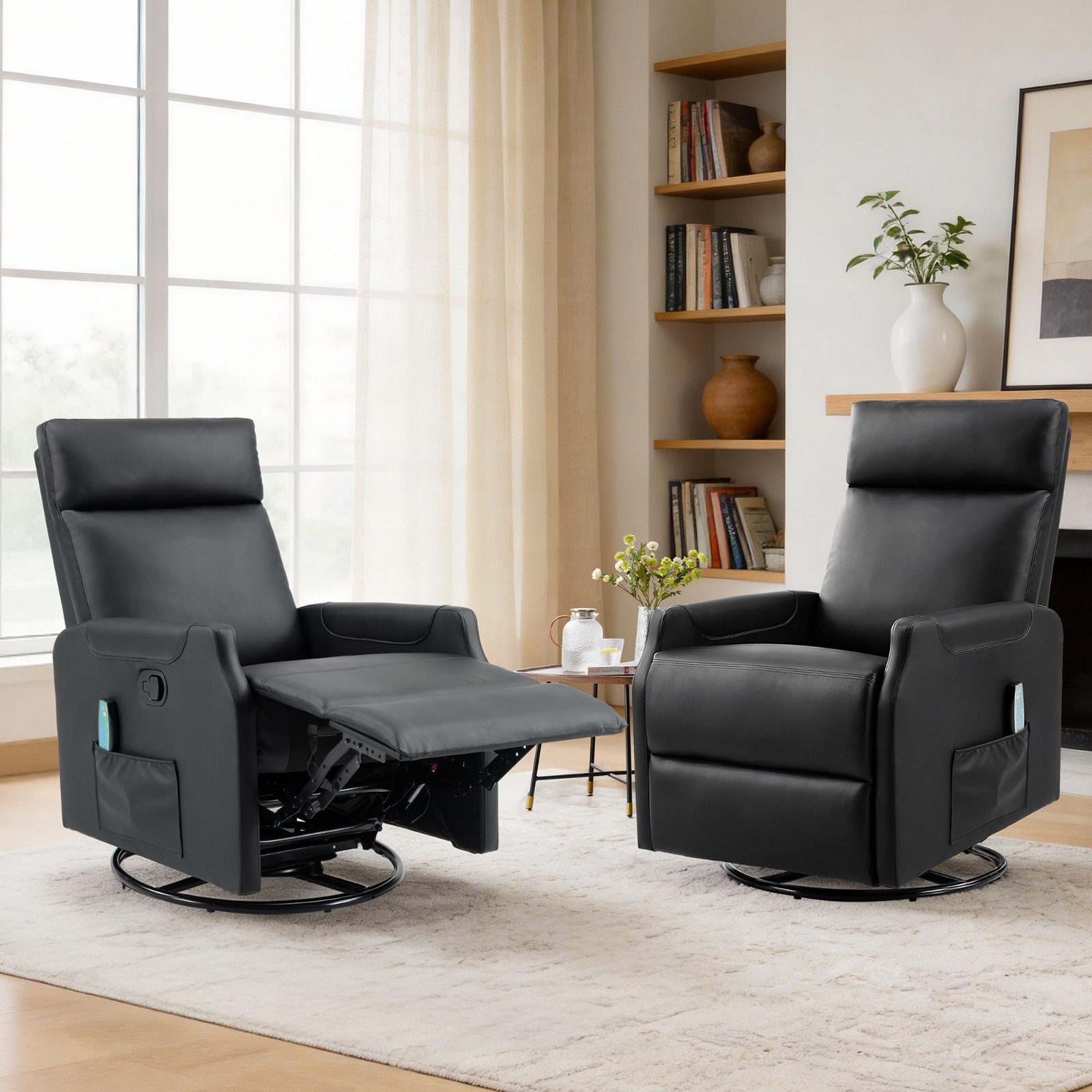 EBELLO Manual Swivel Recliner Chair with Massage & Heat, PU Leather Rocker Chair