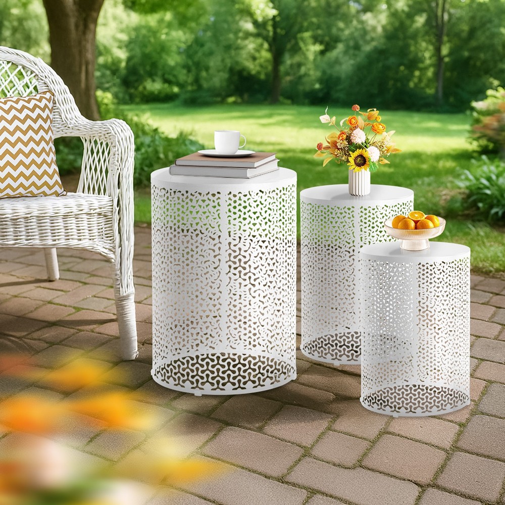 3PC Patio Nesting Side End Tables Shamrock Pattern Round Metal Frame for Outdoor