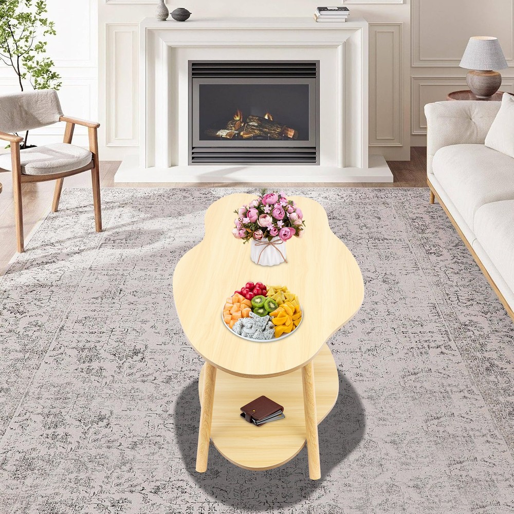 Cloud-shaped Coffee Table Double Layer Center Table for Living Room Light Walnut