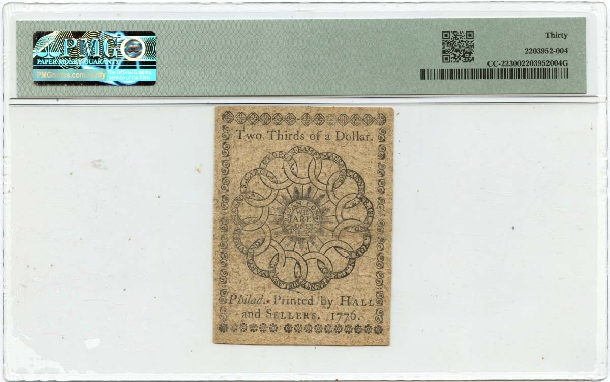 1776 February 17, $2/3 Continental Currency FR#CC-22 PMG VF30 Fugio