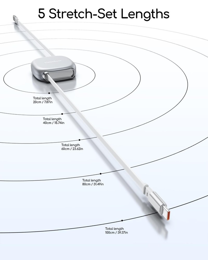 VisionSync 240W USB C to C Cable,PD 3.2 Retractable 2Pack-3.3ft, Grey