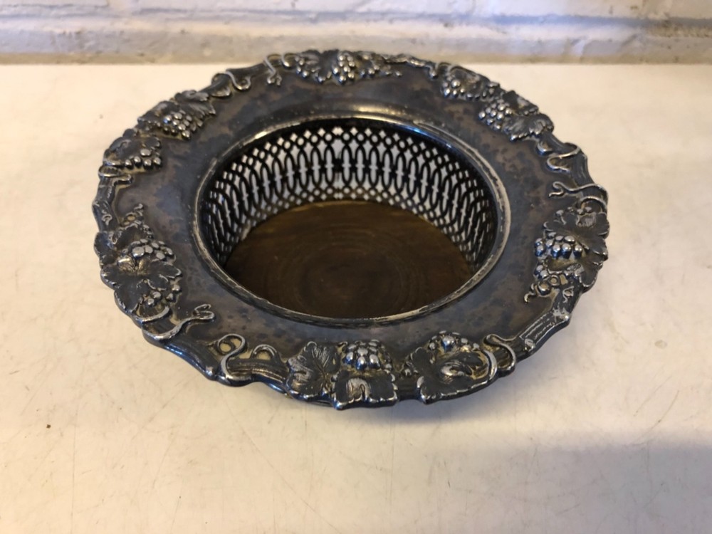 Vintage Possibly Antique Silverplate Wine Coaster w/ Wooden Base & Grapevine Dec