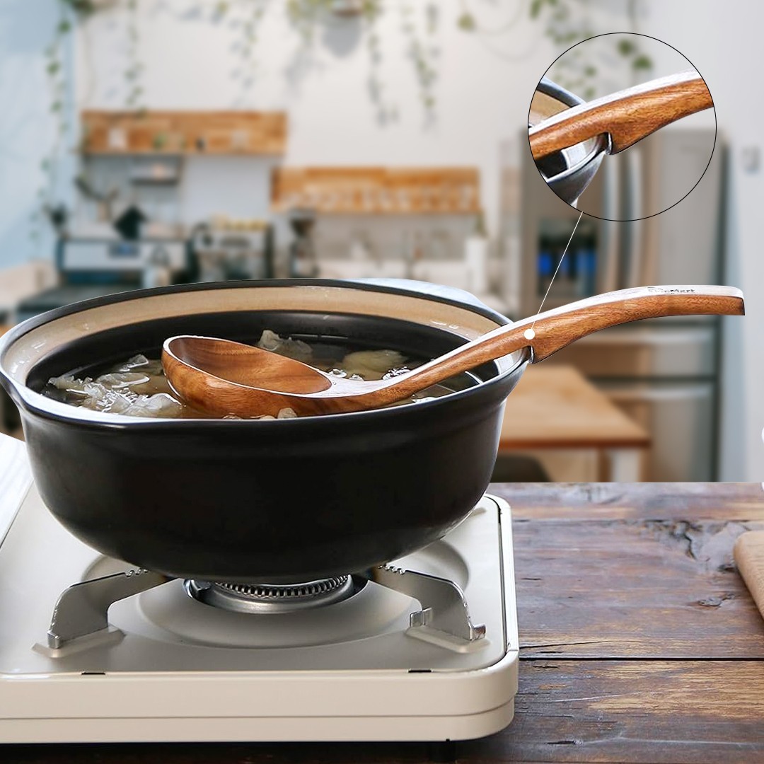 Teak Wood Ladle Set - 3 Sizes with Back Hooks for Soup, Cooking, Serving & Stirr