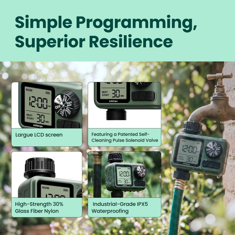 Soildrops Sprinkler Timer for Garden Hose, Programmable 1 or 2 Outlet Black