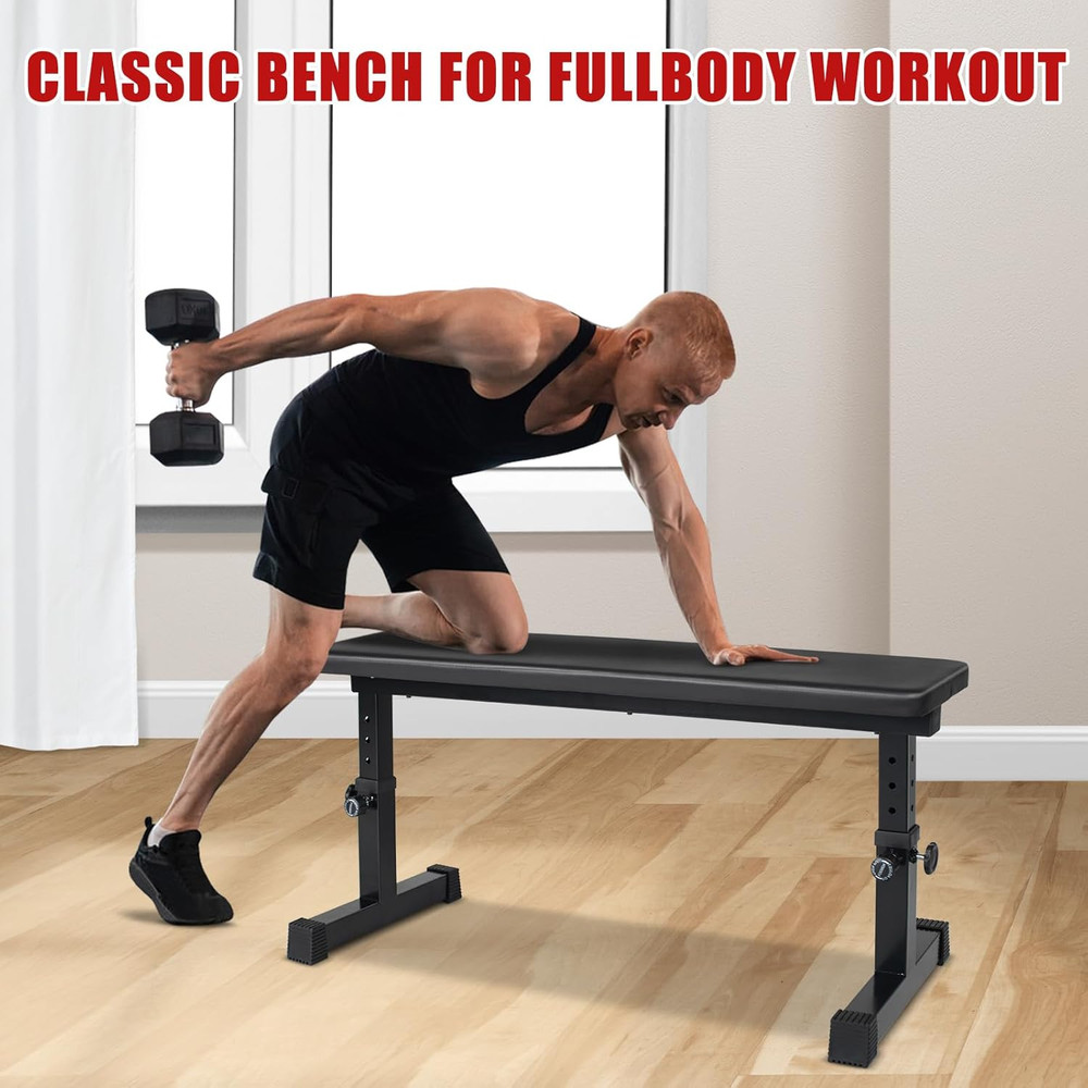 Flat Weight Bench, Utility Workout Adjustable Height Weight Bench Press with Thi