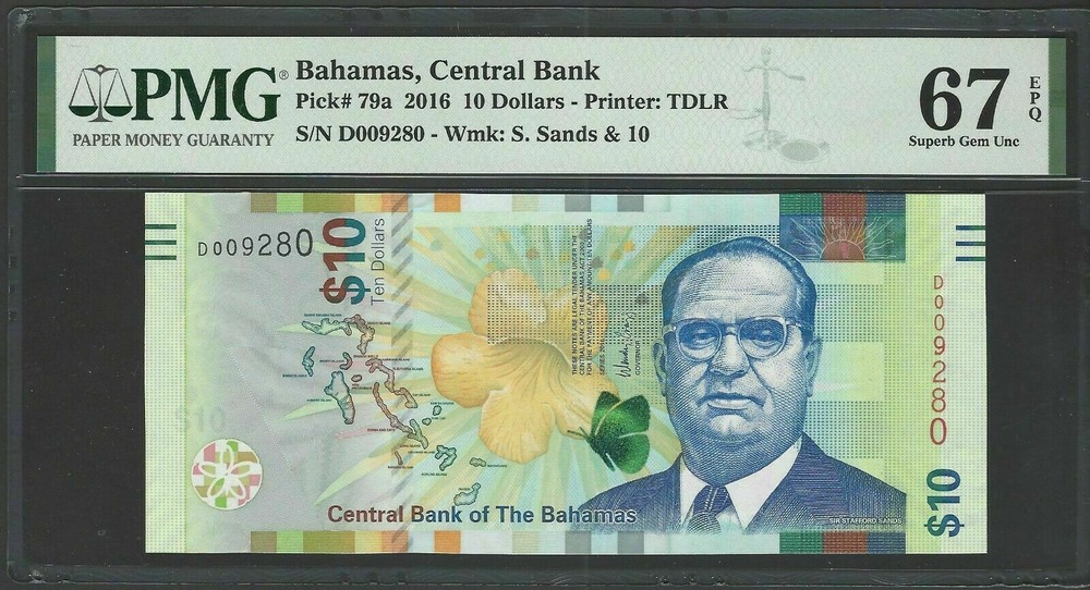 Bahamas 10 Dollars 2016 P79a Uncirculated Graded 67