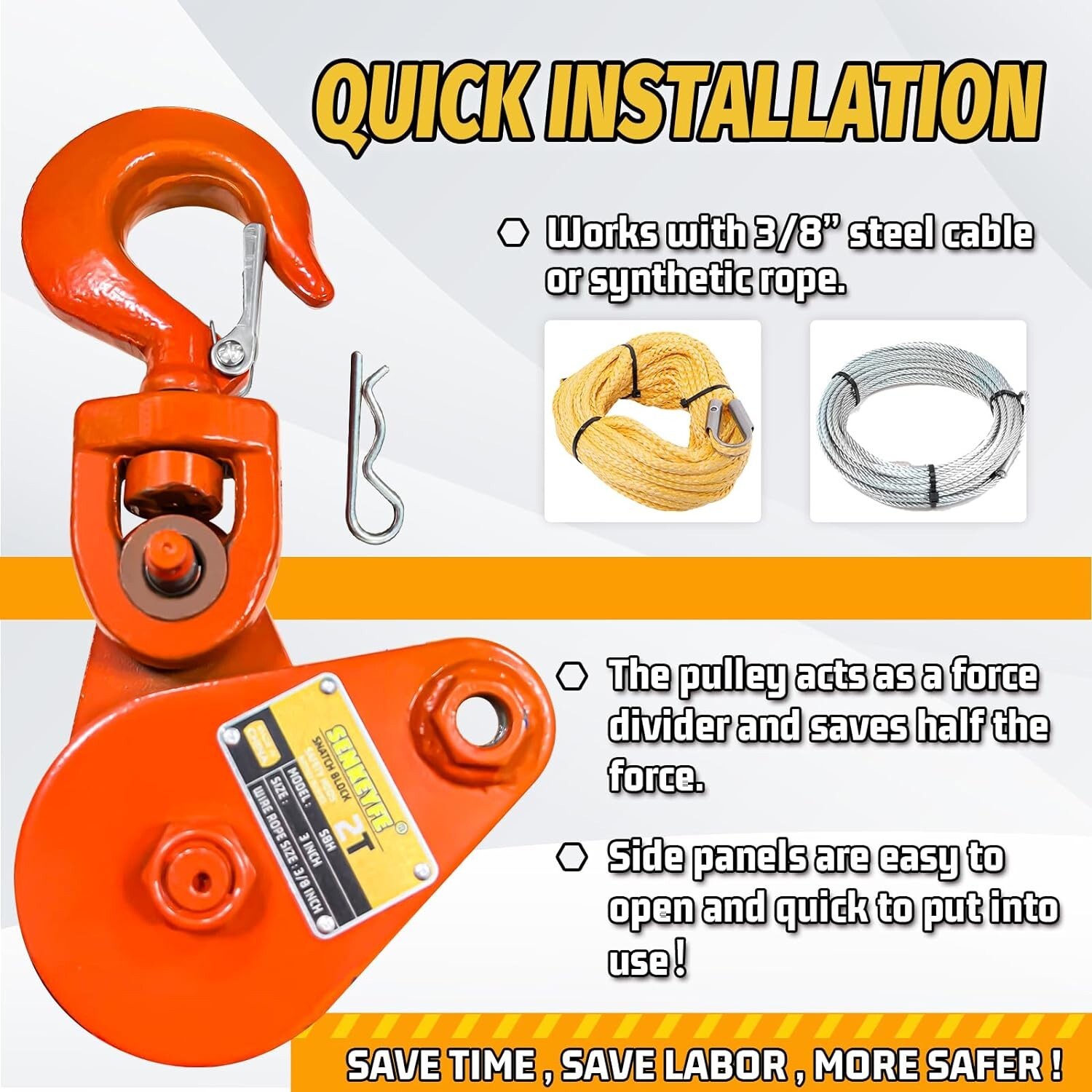 2 Ton Snatch Block with Hook, 3" Sheave for 3/8" Inch Wire Rope, 4400lbsfor Tow