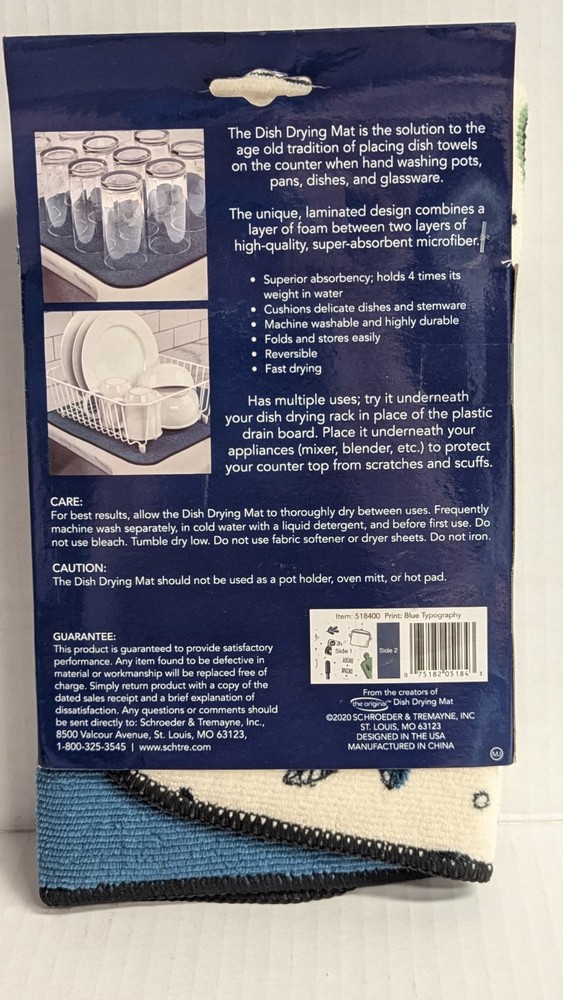 Kitchen Basics Teal Blue Typography Dish Drying Mat Utensils Print Reversible