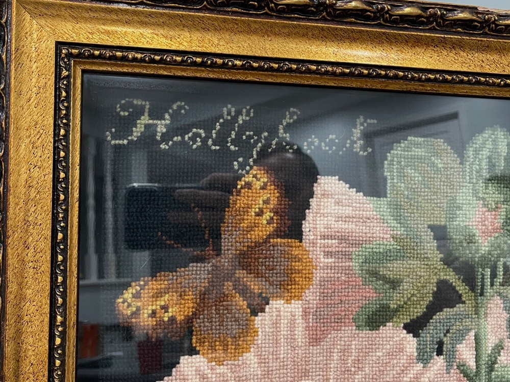 Framed Needlepoint Flowers & Butterfly Signed BAS Dated 93 Titled Hollyhook