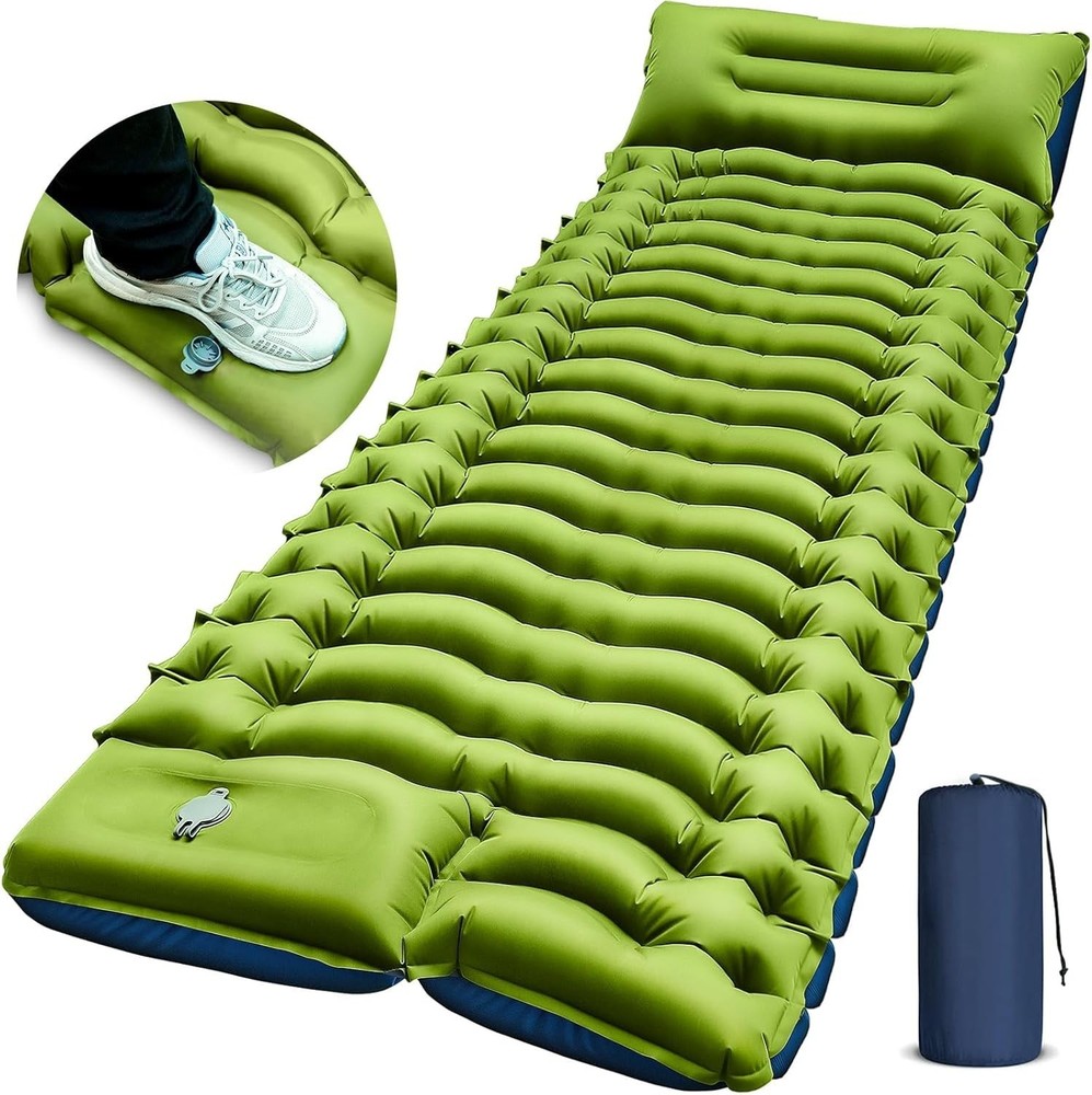 Compact Waterproof Camping Sleeping Pad with Integrated Pump - Single Size Green