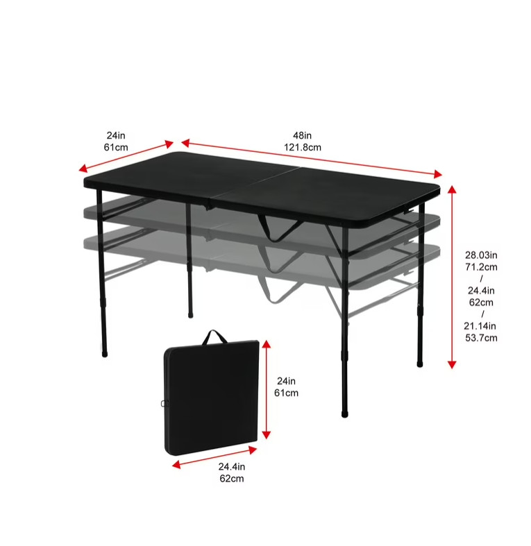 Mainstays 4 Foot Fold-in-Half Adjustable Folding Table, Rich Black