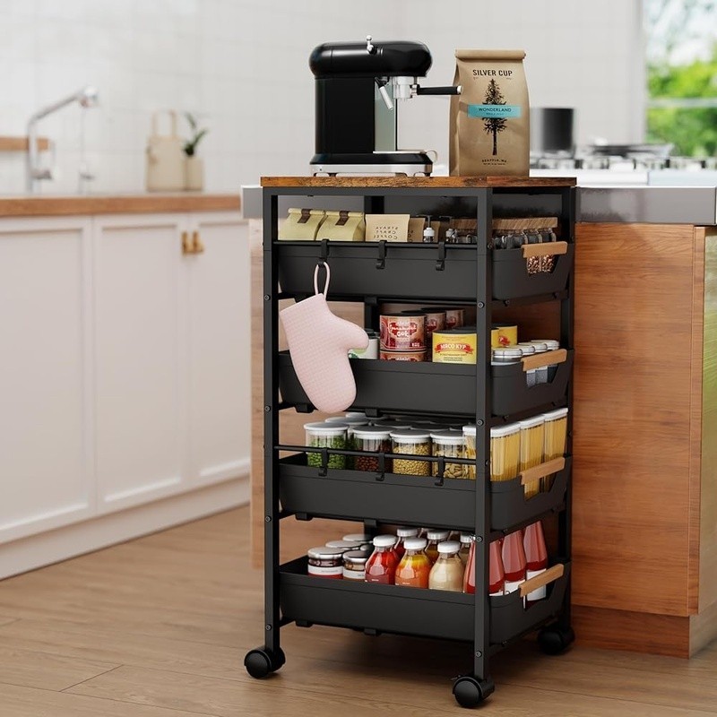 Multi-Functional Rolling Utility Cart W/ Pull-Out Drawers & Ventilated Baskets