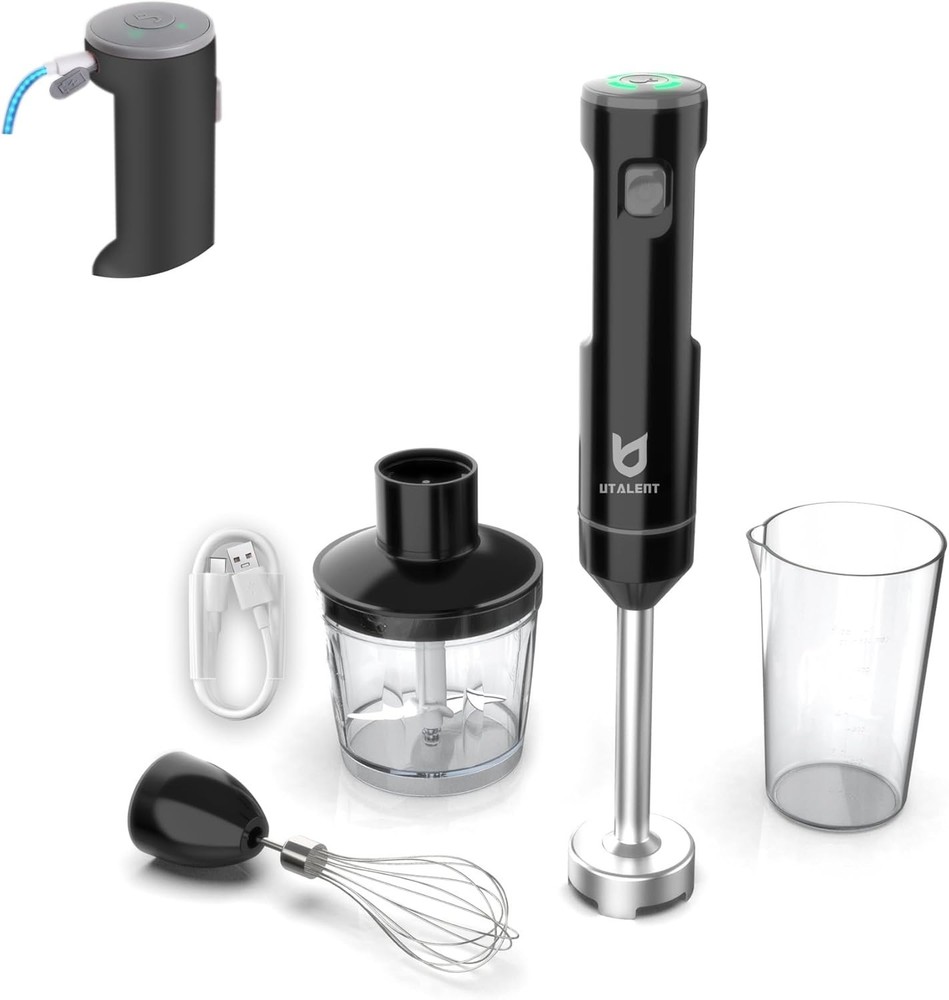 Portable Immersion Blender, Cordless, Variable Speed, 500ml Chopper, 600ml Cup