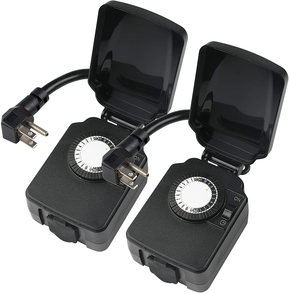 2 Pack BN-LINK 24Hour Mechanical Outdoor Light Timer with 3-Prong Timer Outlet