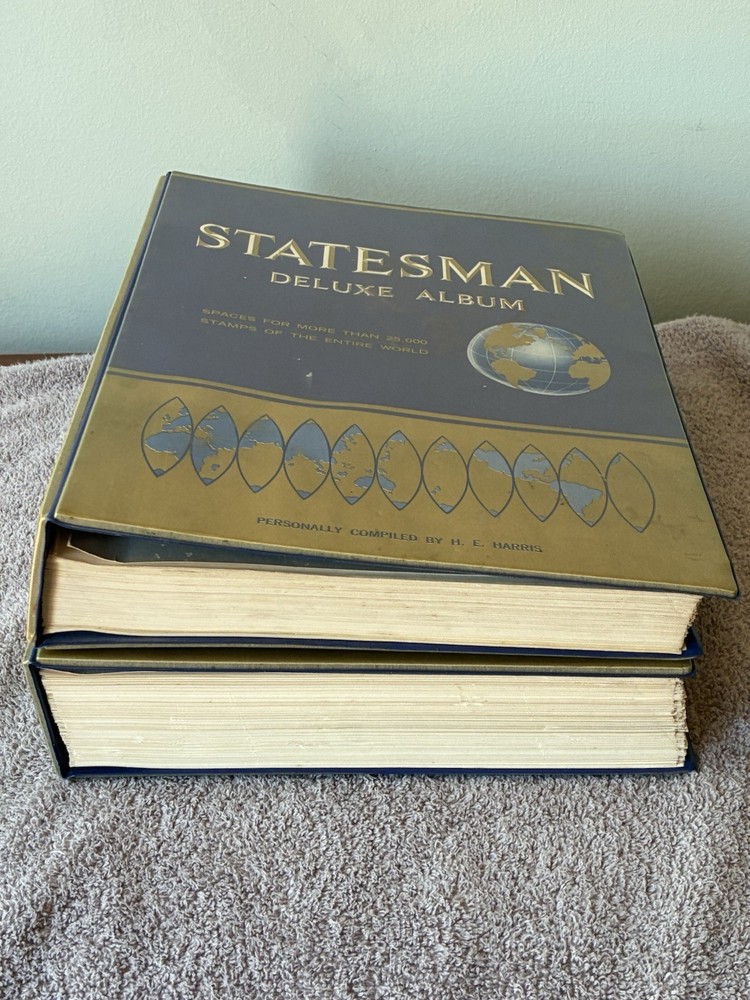 TWO (2) 1966 Ed. STATESMAN DELUXE STAMP ALBUMS W/SOME STAMPS~BOTH IN GREAT COND.