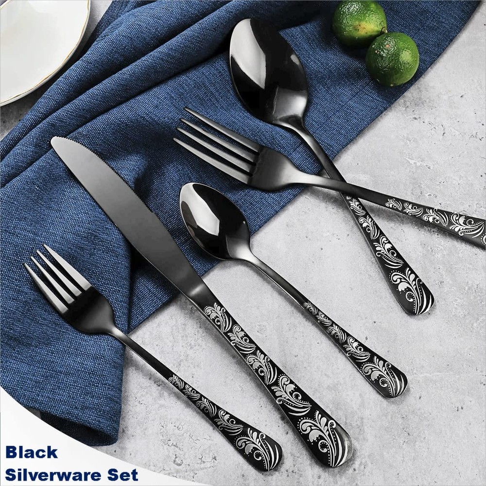 Black Silverware Set, Stainless Steel Flatware Set 30 Pcs for 6, Includes For