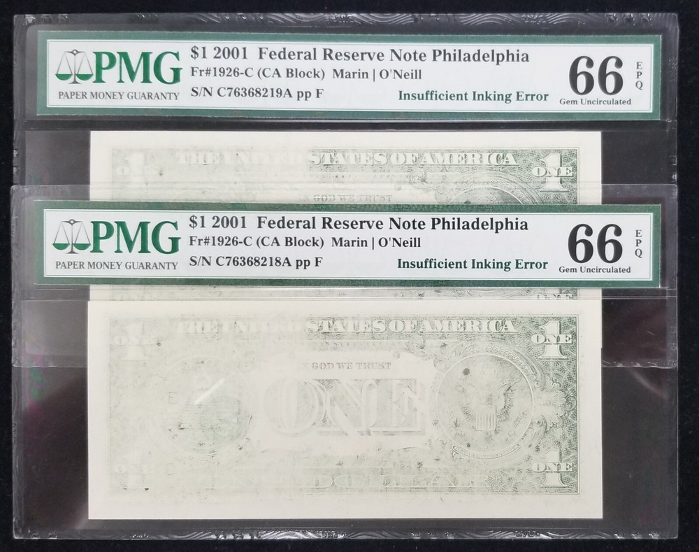 (2) 2001 $1 FRN Philadelphia Insufficient Inking Error Consecutive Serial Number