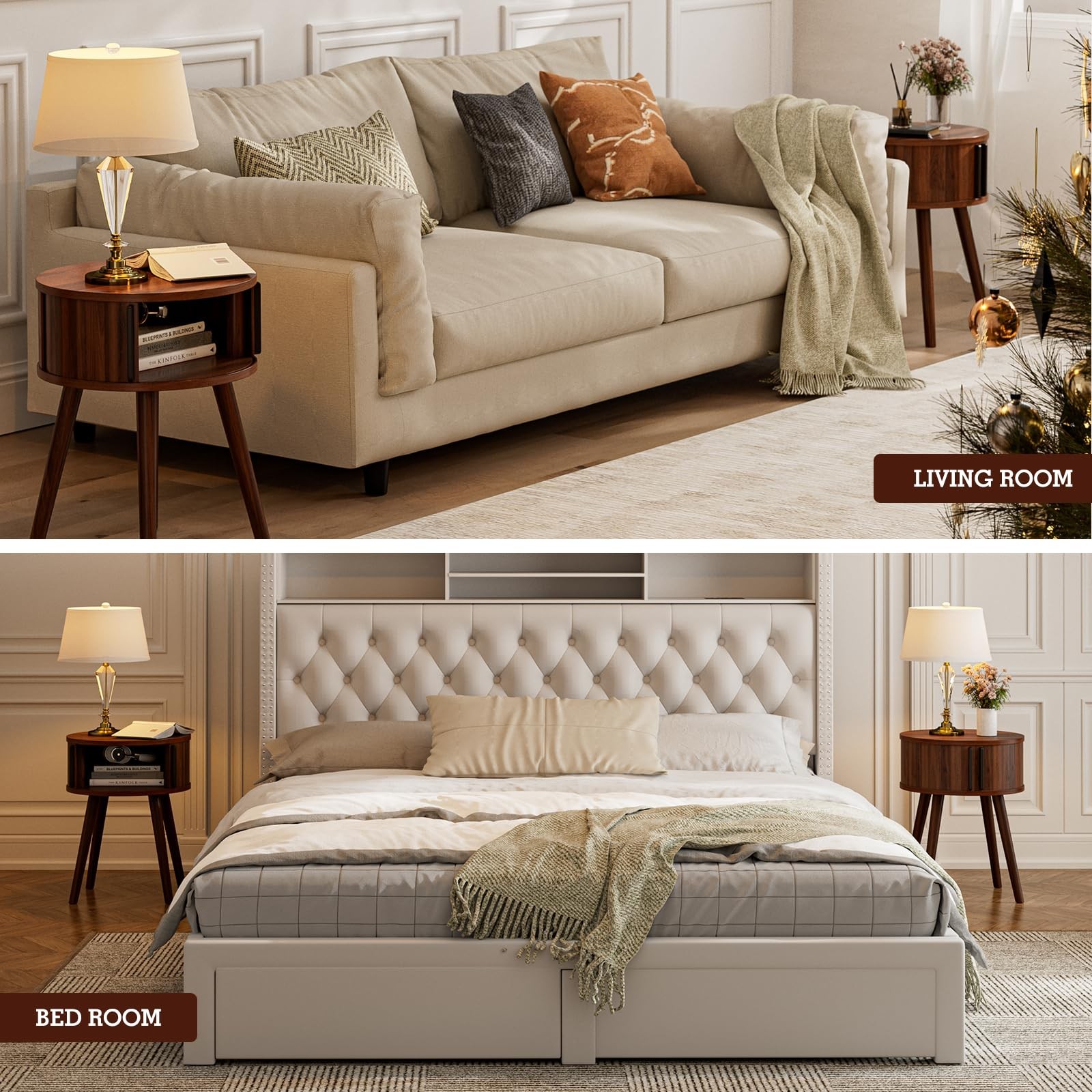 Side Table with Sliding Door & Cabinet, End Table for Living Room, Night Stan...