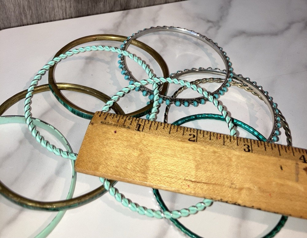 Vintage Green & Teal Metal Bangles Boho Stackable Retro Bracelets x 9