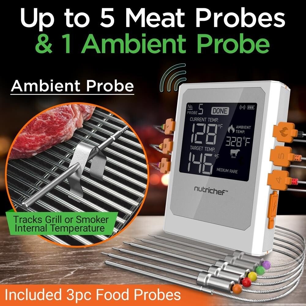 NutriChef Smart BBQ Grill Thermometer-Digital Display, Dual Probes Safe