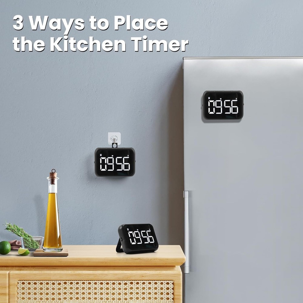 USB Rechargeable Loud Digital Kitchen Timer with Large LCD Display & Black