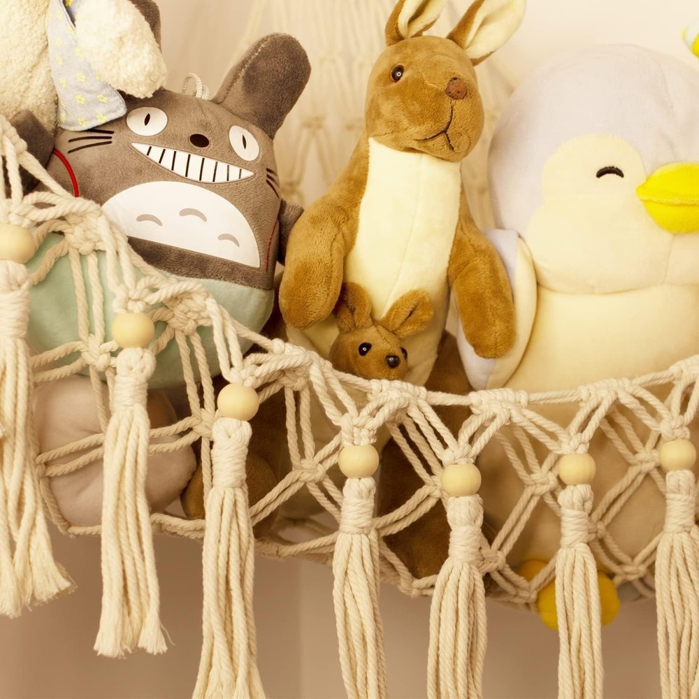 Handmade Macrame Stuffed Animal Hammock with Lights - Corner Storage Solution