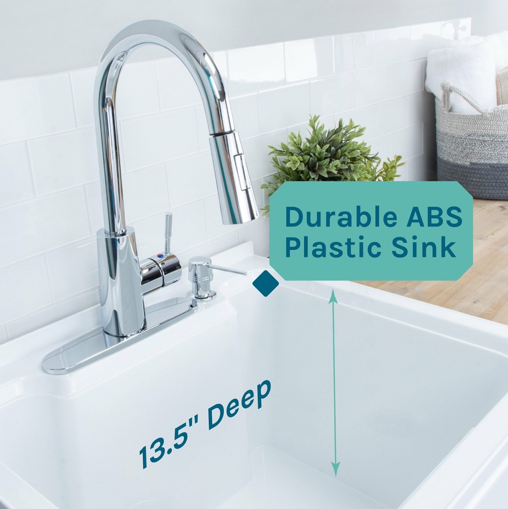 Utility Sink with Cabinet Vanity with Chrome Finish Pull-Down Faucet - White