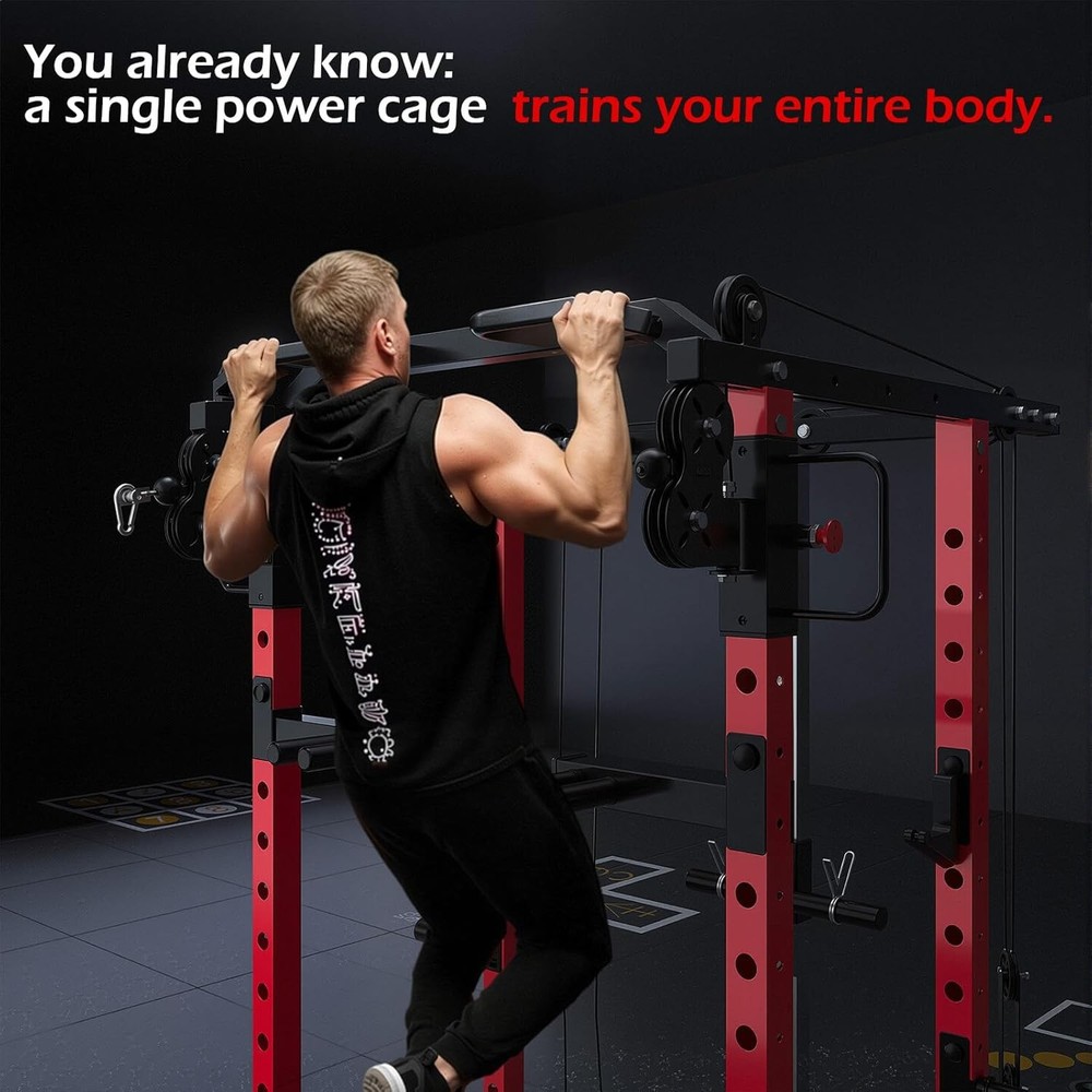 Power Squat Rack Cage, 2000lbs Weight Cable Machine with LAT Pulldown for Sport