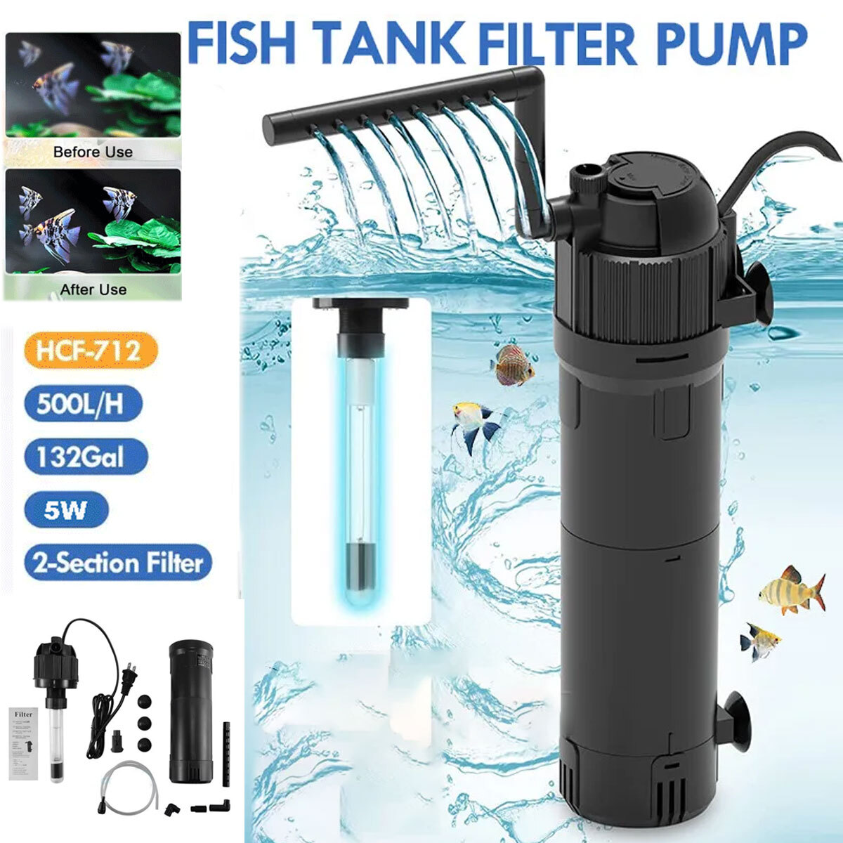 Aquarium Submersible UV Sterilizer Filter Light Fish Tank Germicidal Water Pump