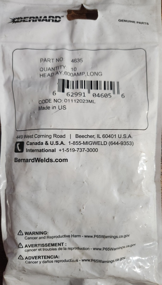 Bernard 4635 HEAD ASSEMBLY, 600AMP, LONG TIP, 10/PACK