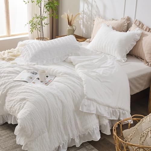 Comforter Set, 3 Pieces Seersucker Comforters Size, Lightweight & King White