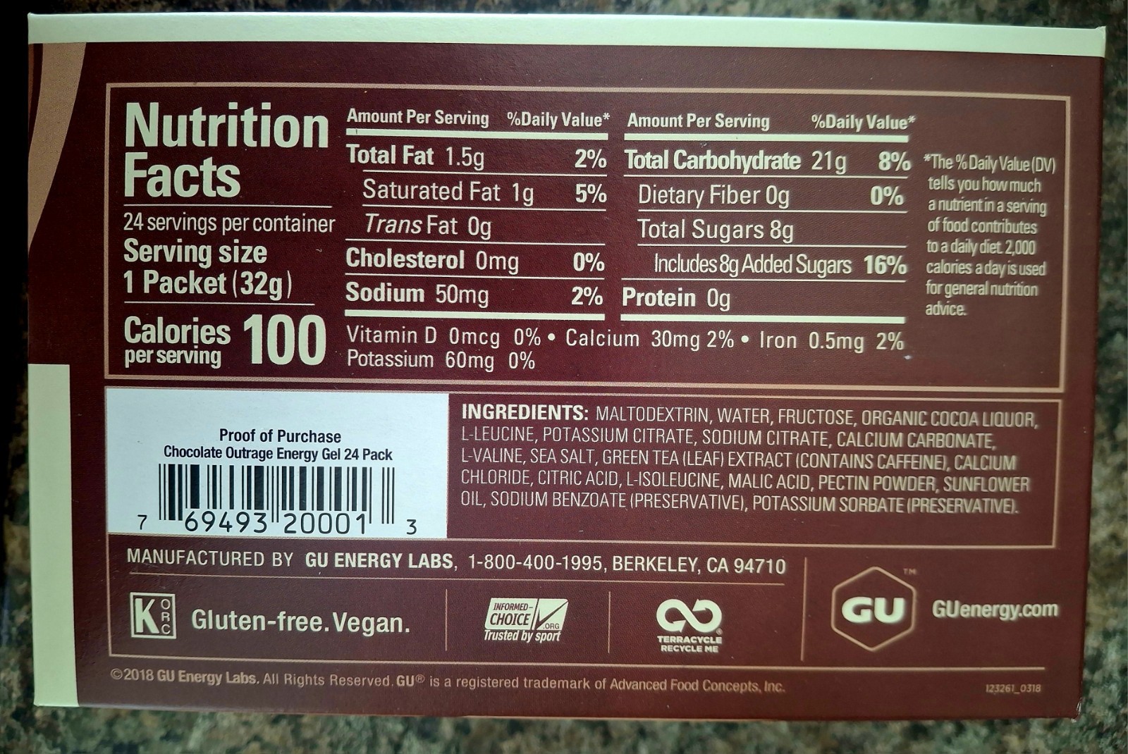 Chocolate Outrage Caffeinated GU Energy Gels 24 Count Box