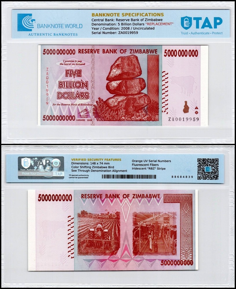 Zimbabwe 5 Billion Dollars, 2008, P-84z, UNC, Replacement, TAP Authenticated