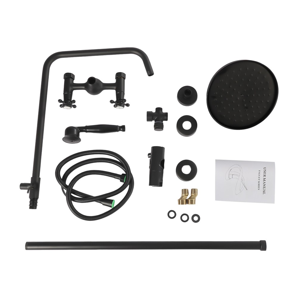 59" Wall Mount Matte Black Shower Faucet Set Hand Shower Double Knobs Unit