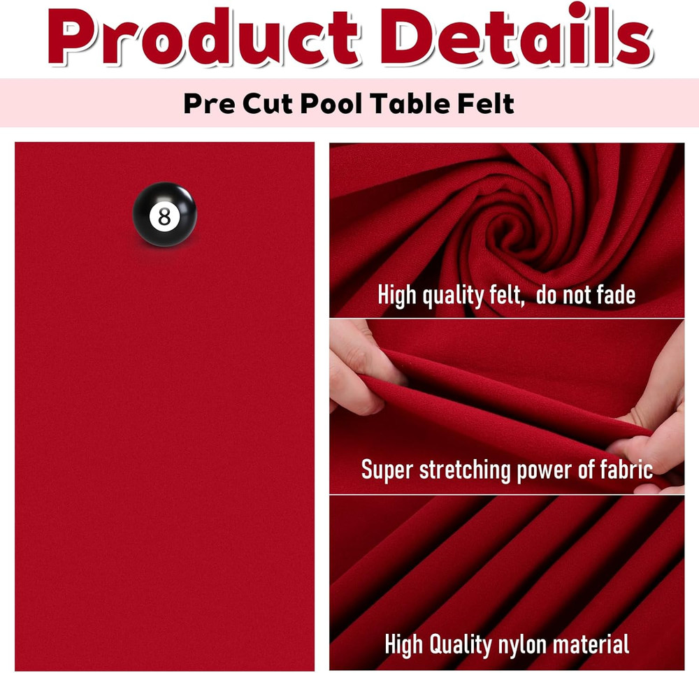 8.5Ft Red Pool Table Felt with 6 Cloth Strips for Billiard Tables